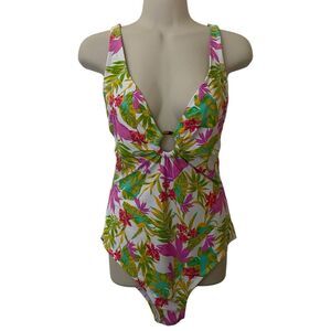 Into The Bleu Womens Size Medium Floral Ringlet One Piece Swimsuit Criss Cross